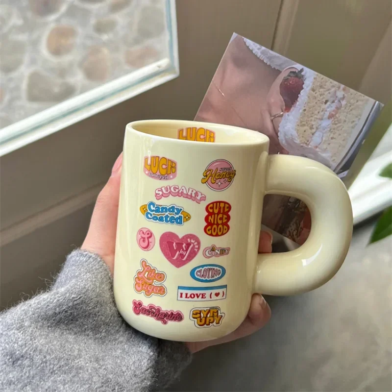 Cute Funny Typeface Birthday Happy Cup Korean Chubby Handle Ceramic Mug Girl Heart Milk Coffee Cup for Girls Christmas Gift