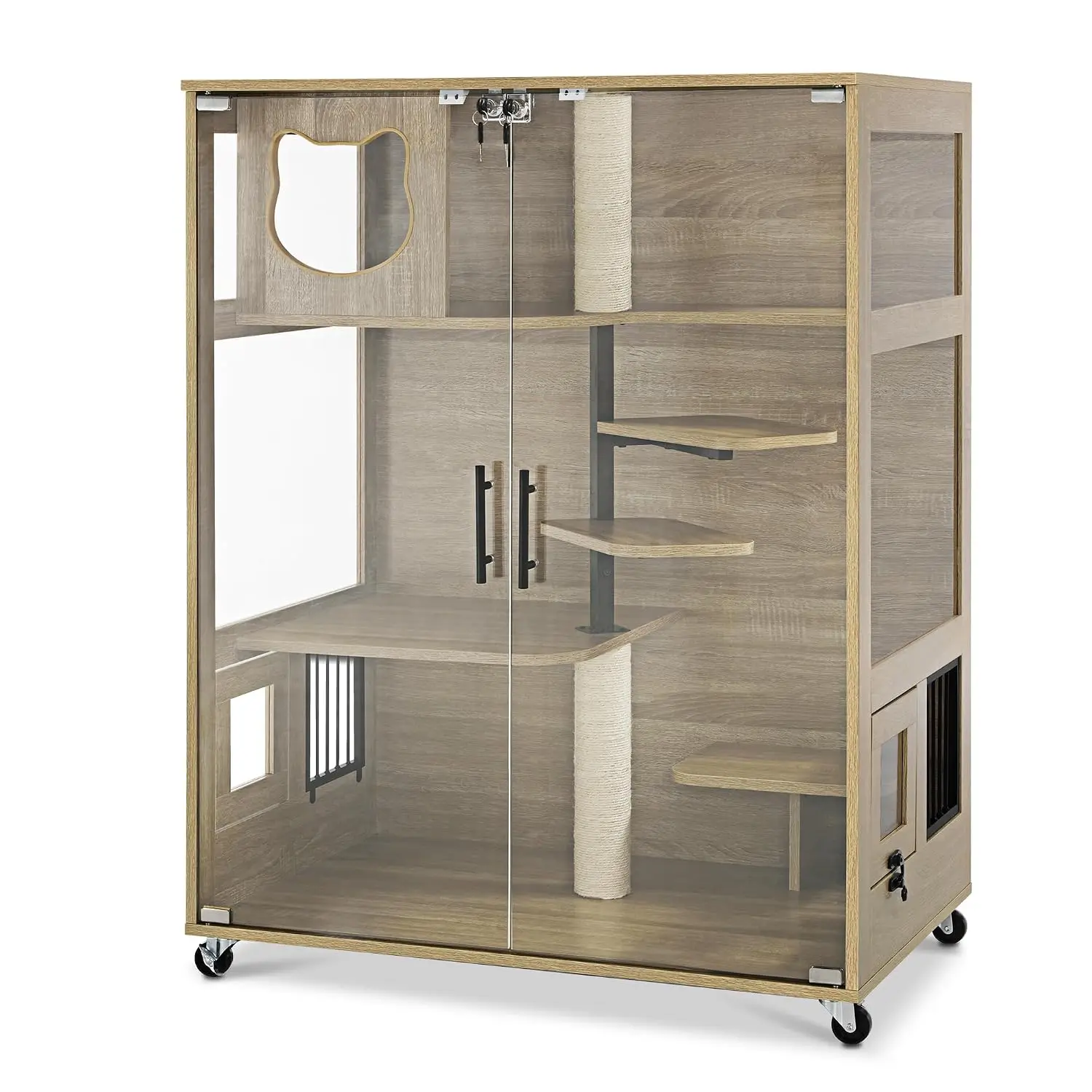 Wooden Luxury Cat House Furniture with Glass Door Indoor Use GC11