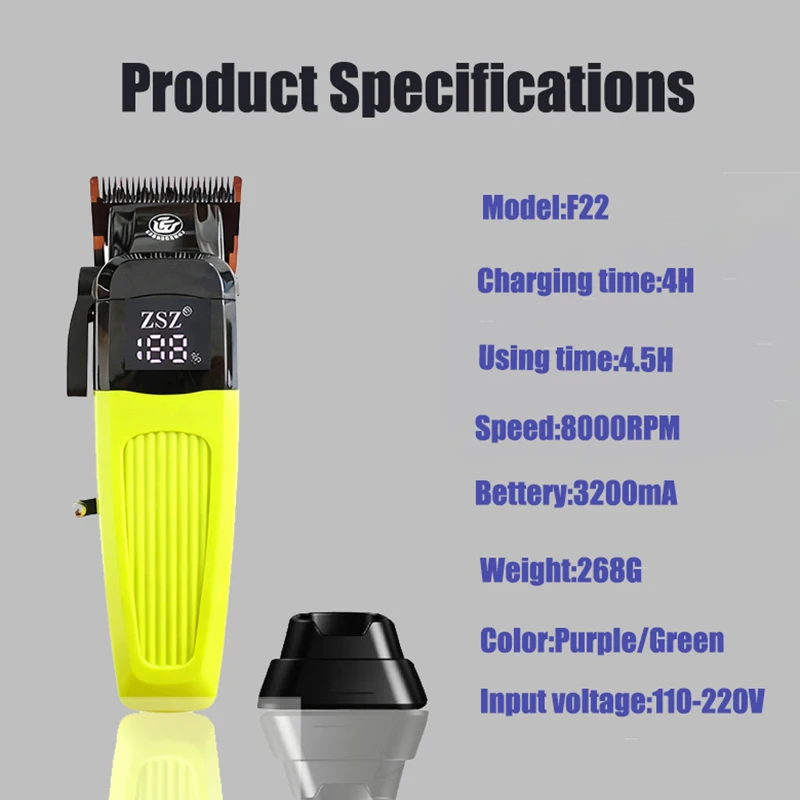 

F22 Professional Electric Hair Clippers 8000RPM 3200MAH Hair Trimmer for Man with Base 5-adjustedBarber Machine