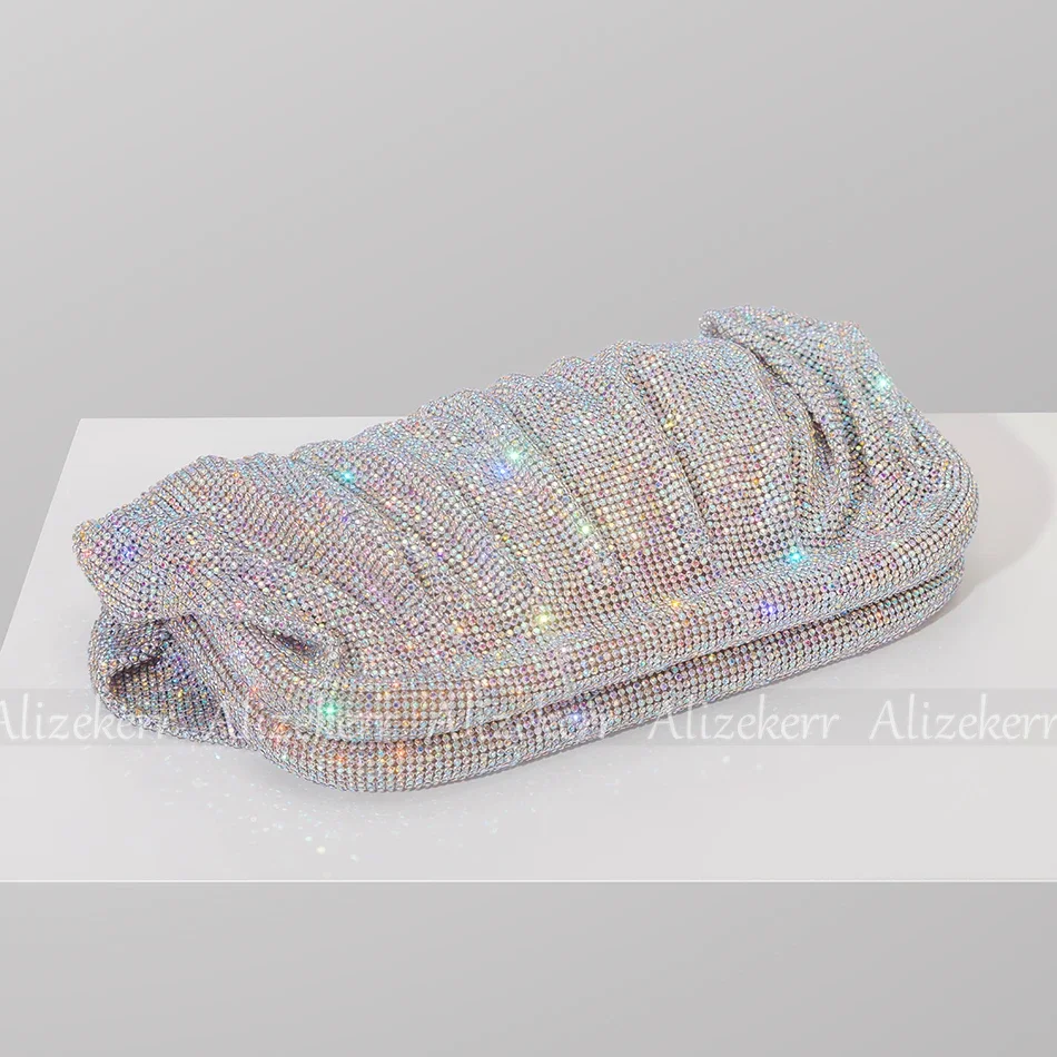 Bolsos de mano de noche con diamantes de imitación brillantes para mujer, carteras con Clip de cristal, pliegues, diseñador de lujo, fiesta de boda,