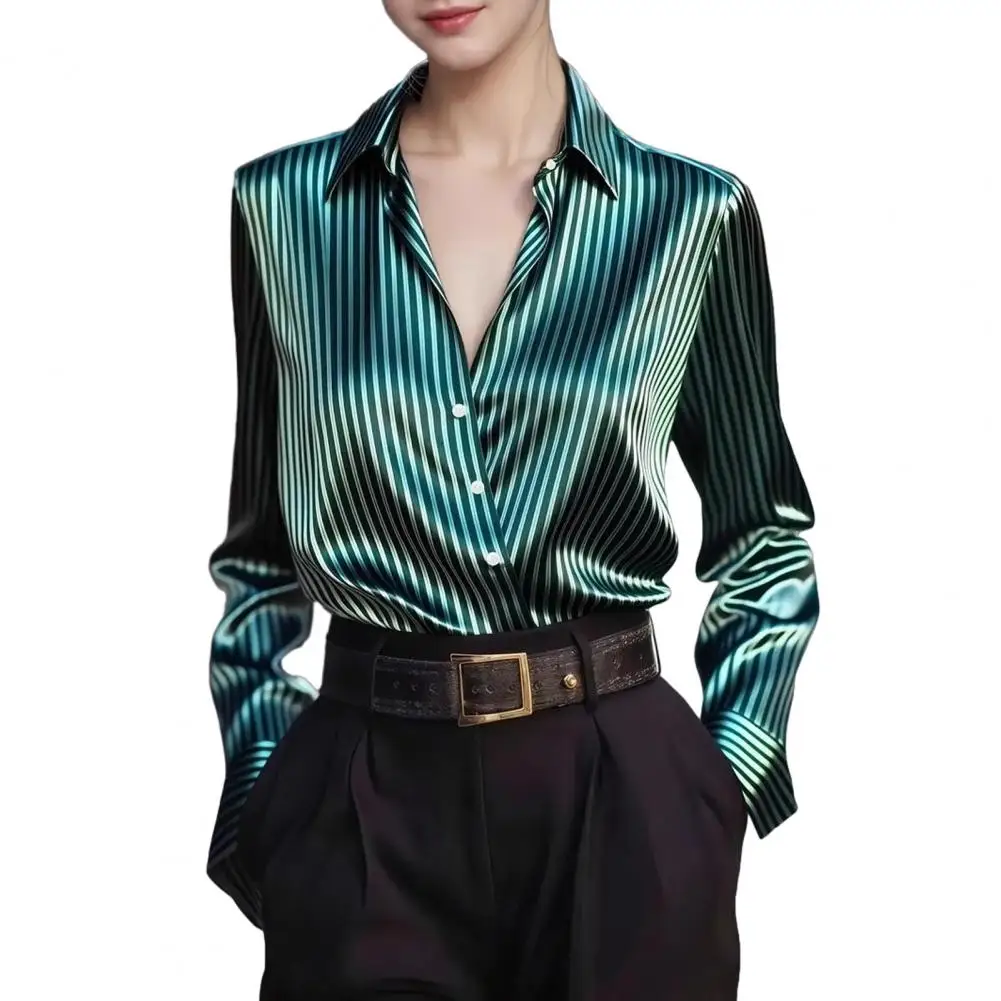

Women Striped Shirt Lapel Long Sleeve Buttons Placket Shirt Tops Smooth Texture Striped Print Loose Fit Casual Work Shirt 2026