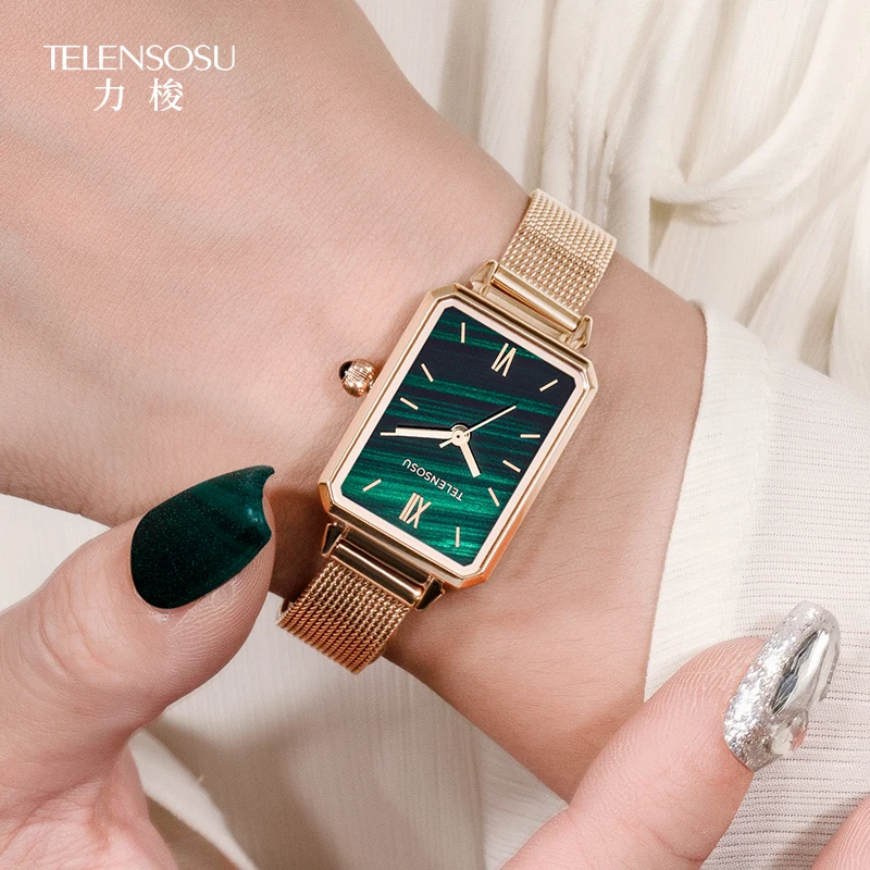TELENSOSU женские кварцевые часы, роскошные сахарные кубики, малахитовый циферблат, ремешок из нержавеющей стали, модные роскошные подарочные женские часы 8820