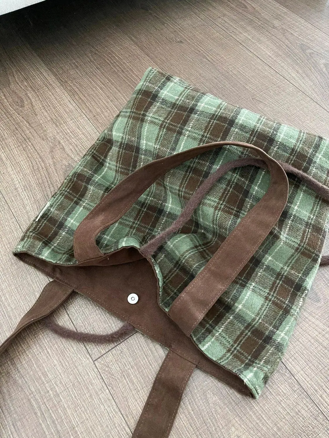 Miyagawa 2024 New Autumn/Winter Brown Green Plaid Plush Ribbon Tote Bag Korean Simple Large Capacity Versatile Shoulder Bags