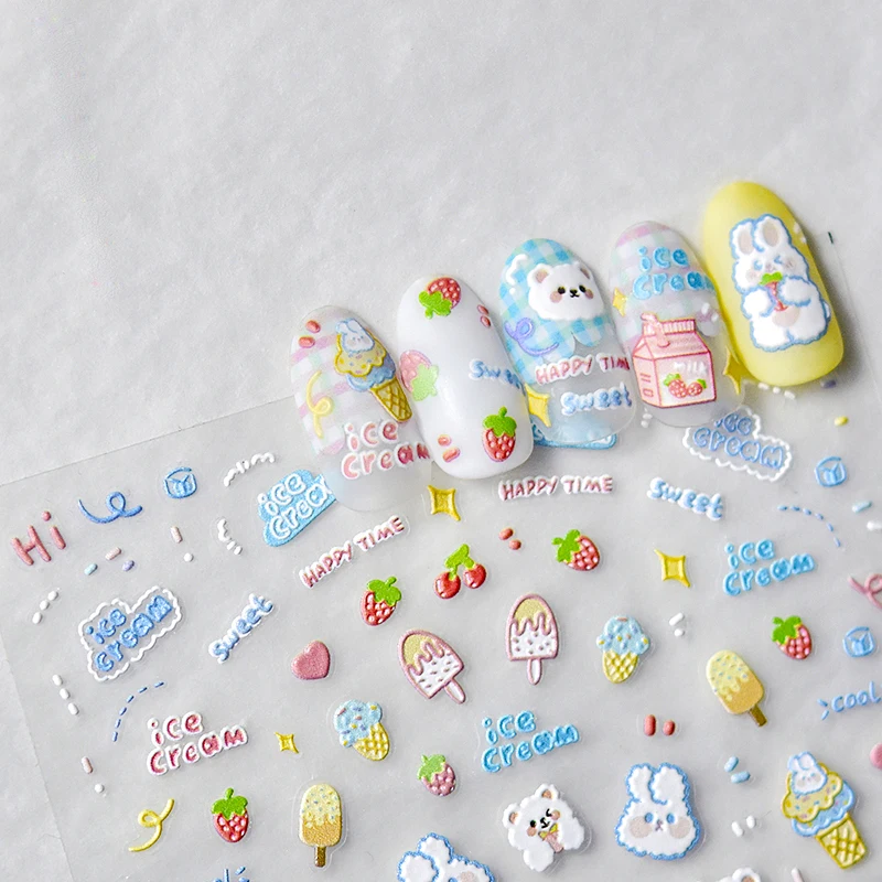 Colored Cute Cartoon Rabbit Yellow Bear Bee Chicken Easter Egg 5D Soft Reliefs Nail Art Decoration Sticker Bunny Flower 3D Decal