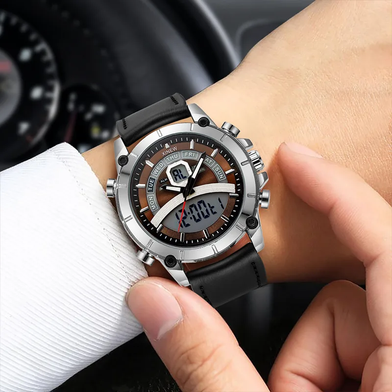 1pc / lot Men Genuine XINEW Brand Watches Boys Fashion Casual Rubber Band Sports Dual Time Watch DZ Relogios Masculinos 2024