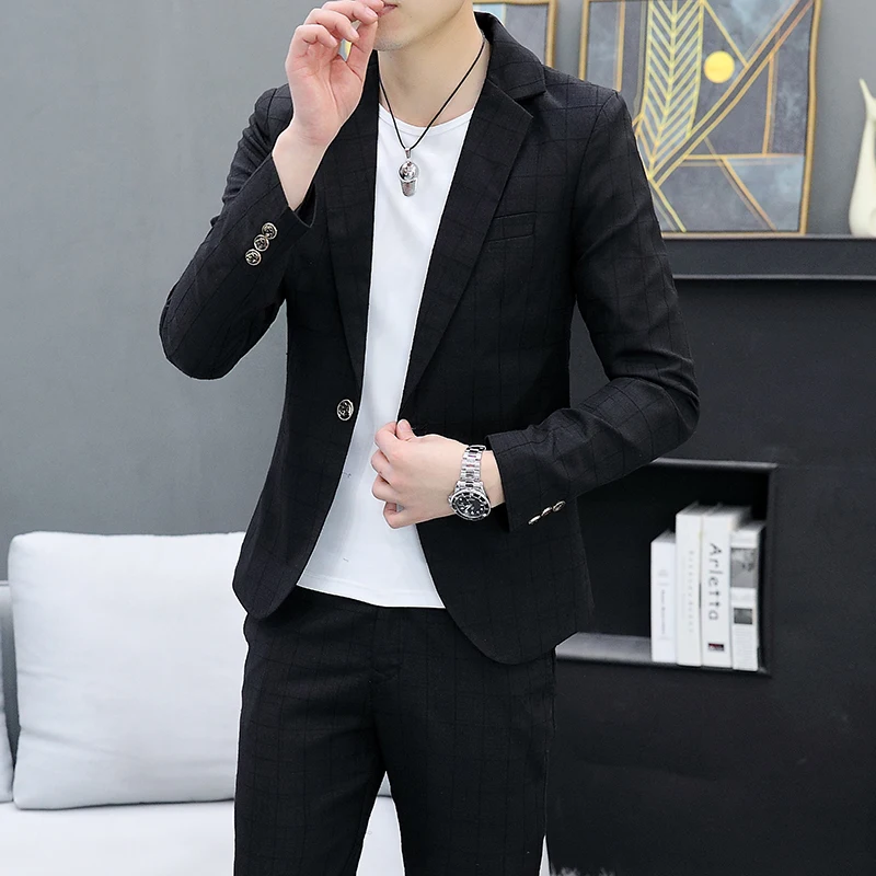 (suit + trousers) Spring and Autumn Korean slim fashion handsome coat hair stylist British style casual trend men\'s two-piece se