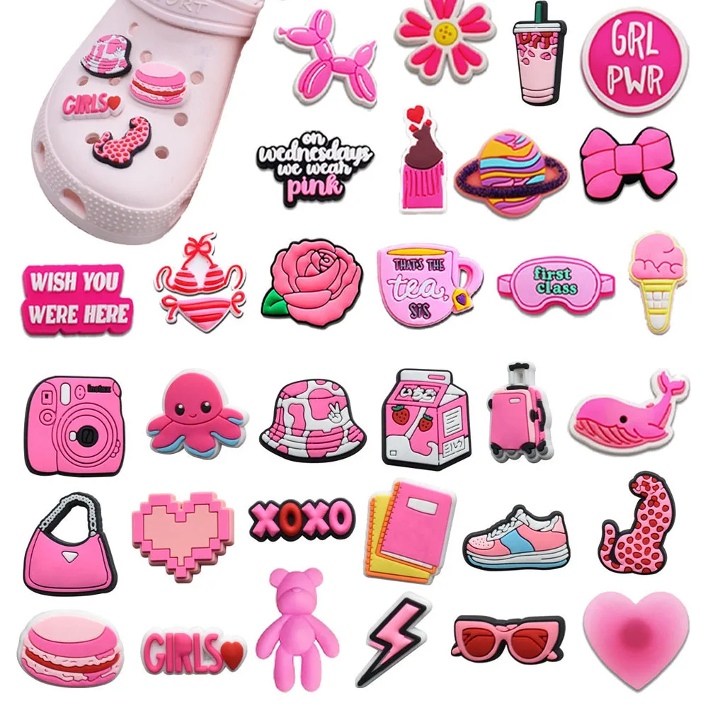 1pcs PVC Pink Shoe Charms for Crocs Accessories Girl Heart Badge Women Sandals Buckle Kids Pins Men Decoration Jeans