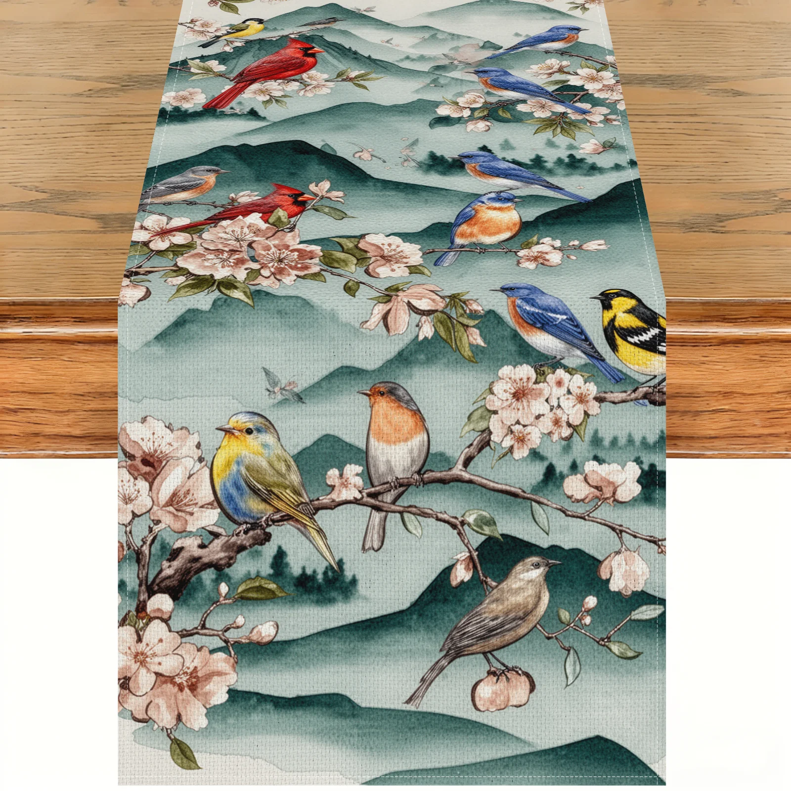 Bestickter Tischläufer mit Vögeln, Künstlerischer Blumen-Tischläufer, Naturmotiv-Tischdekoration für Frühling, Heimdekoration, Hochzeitsempfang