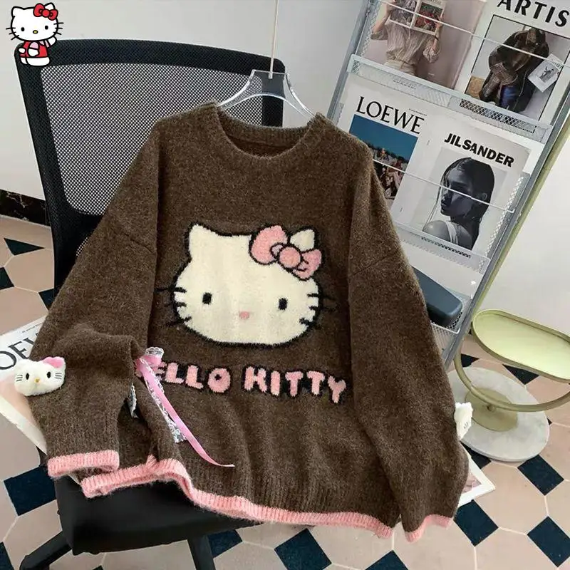 

Sanrio HelloKitty для девочек, хлопковый Kawaii аниме, модный студенческий повседневный свитер с длинными рукавами на весну и осень, новый топ с круглым вырезом, хит продаж