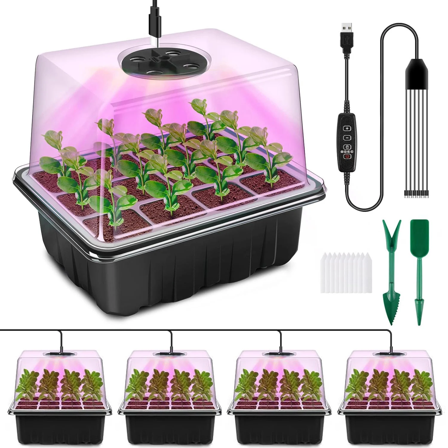 4/6 Packs Full Spectrum Seed Starter Tray with Plant Light Elevated Seedling Starter Trays With Humidity Domes Clear Cell Tray