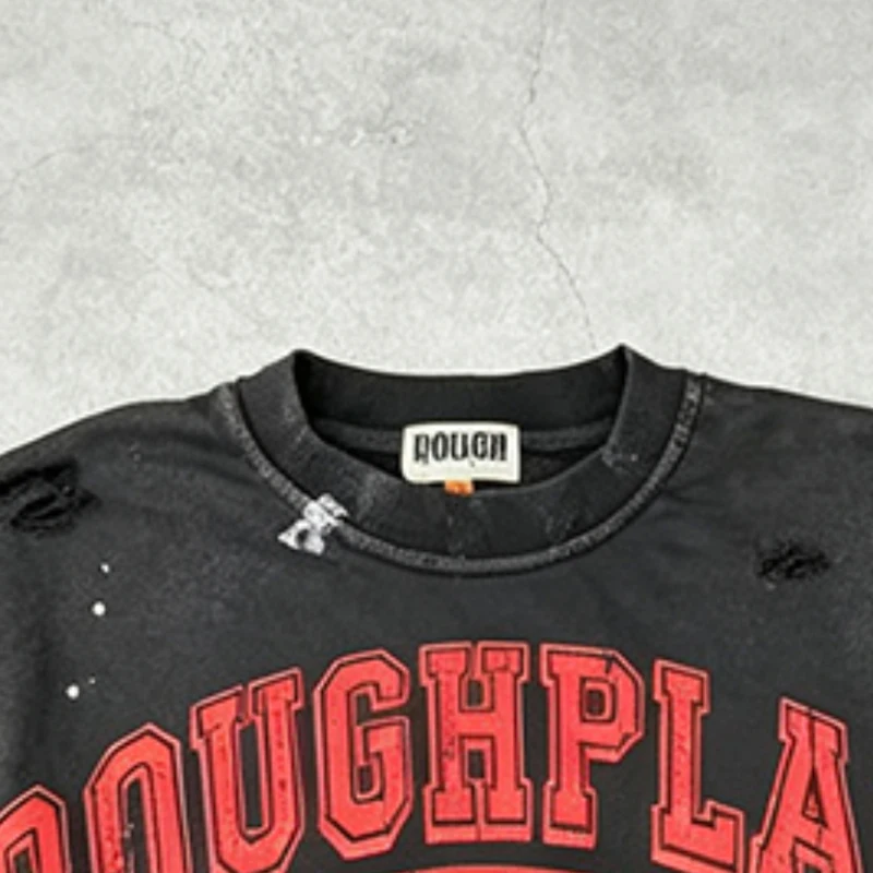 Rough Play Graphic Crew Neck Sweatshirt Multi Paint Splatter Distressed Street Pullover