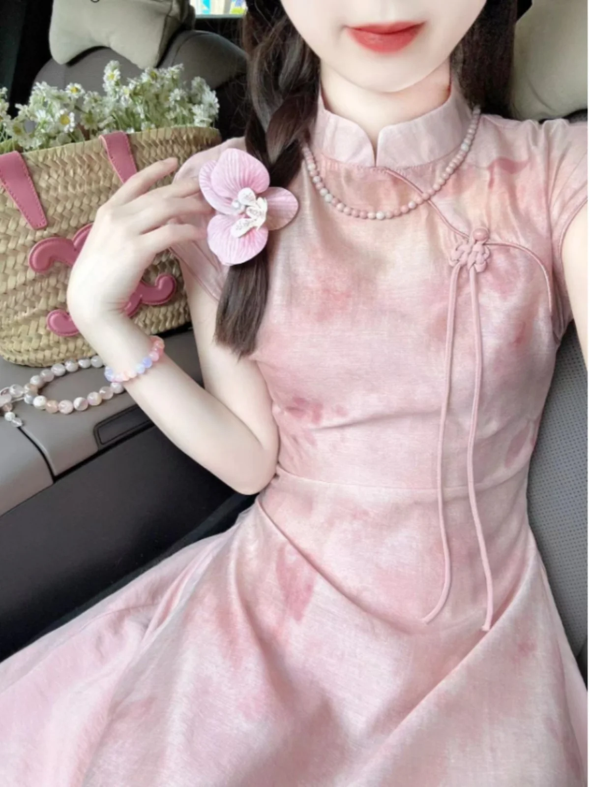 

Элегантное женское платье Ele Cold Tone в красивом розовом цвете, летнее, класса люкс, с длинным или коротким рукавом, в традиционном китайском стиле.