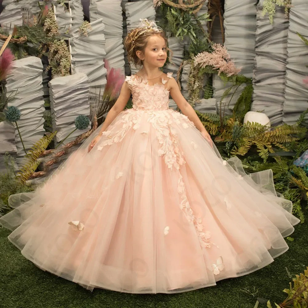 

Pink Child Flower Girl Dress Tulle Butterfly for Party Wedding Pageant Birthday Appliques First Communion Ball Gown