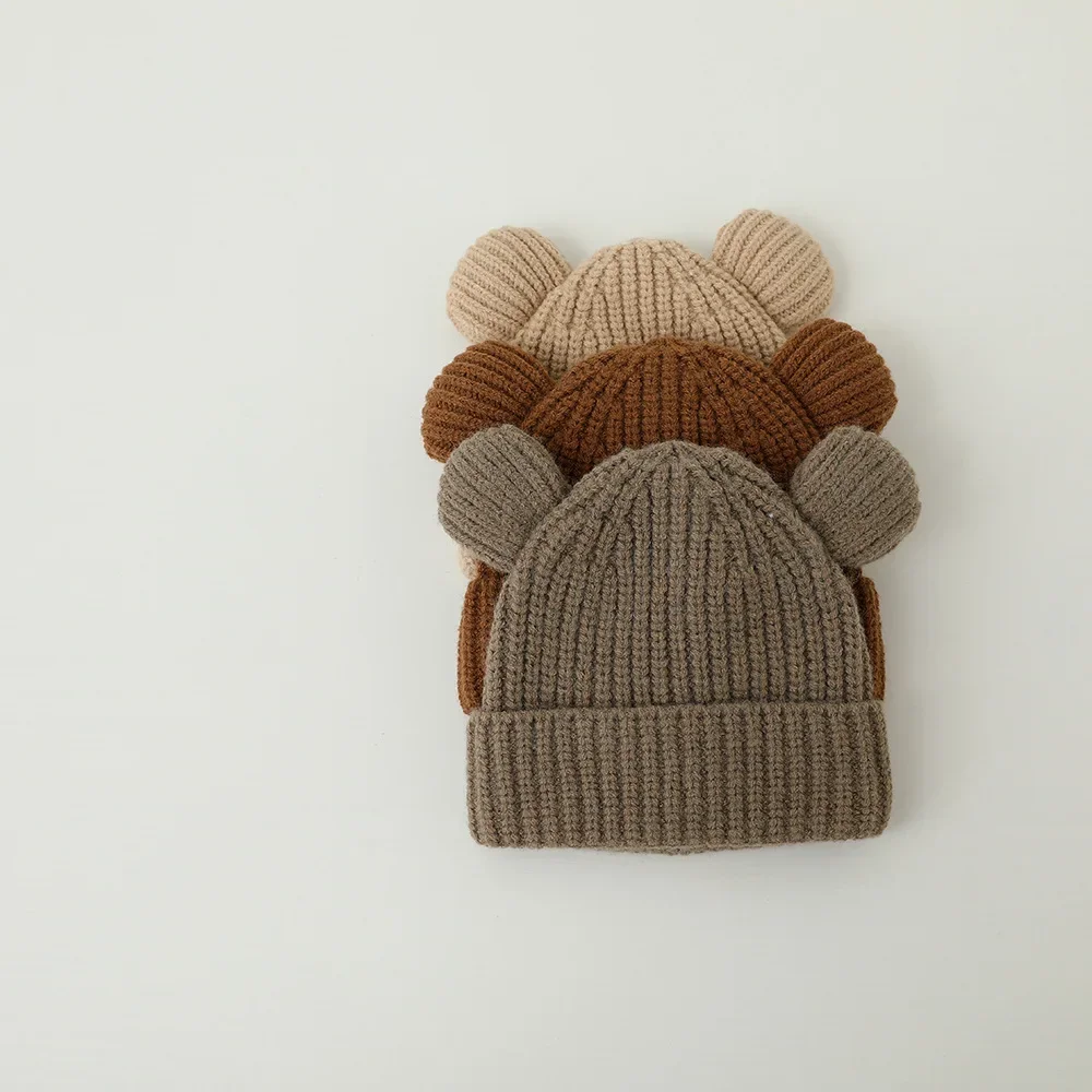 New Toddler Boy Girl Hat Solid Color Cartoon Bear Ear Crochet Bonnet Autumn Warm Winter Knitted Hat