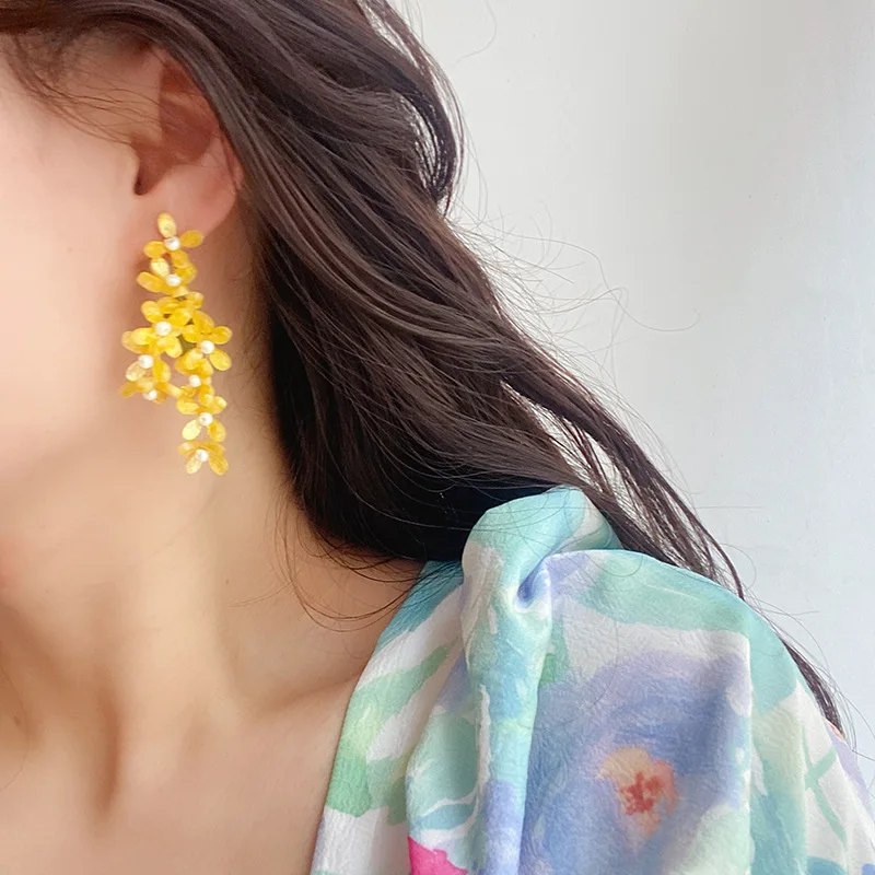 Unique Osmanthus Fragrans Design Earrings Elegant Yellow Flower Earrings For Women Long Tassel Floral Earrings Statement Jewelry