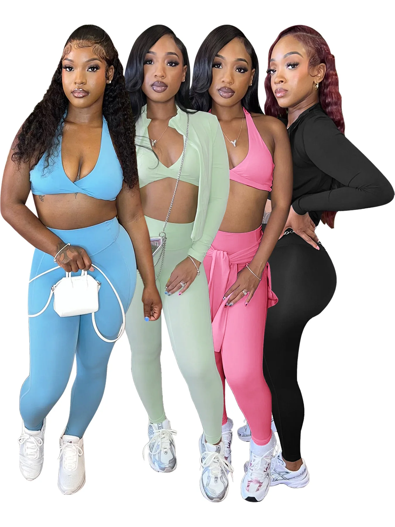 Fashion Sexy Tight Long Sleeve Jacket+Pants+Top Women Jogger Tracksuits Workout Fitness Yoga Set Outdoor 3 Pieces Pants Sets