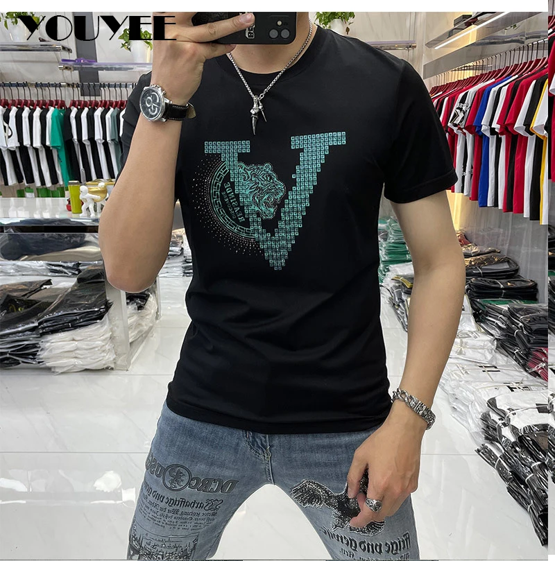 T-shirt Men\'s Slim Fit Tiger Print Hot Diamond Summer New Trend Cotton Casual O-neck High-quality Tees Date Male Clothing M-6XL