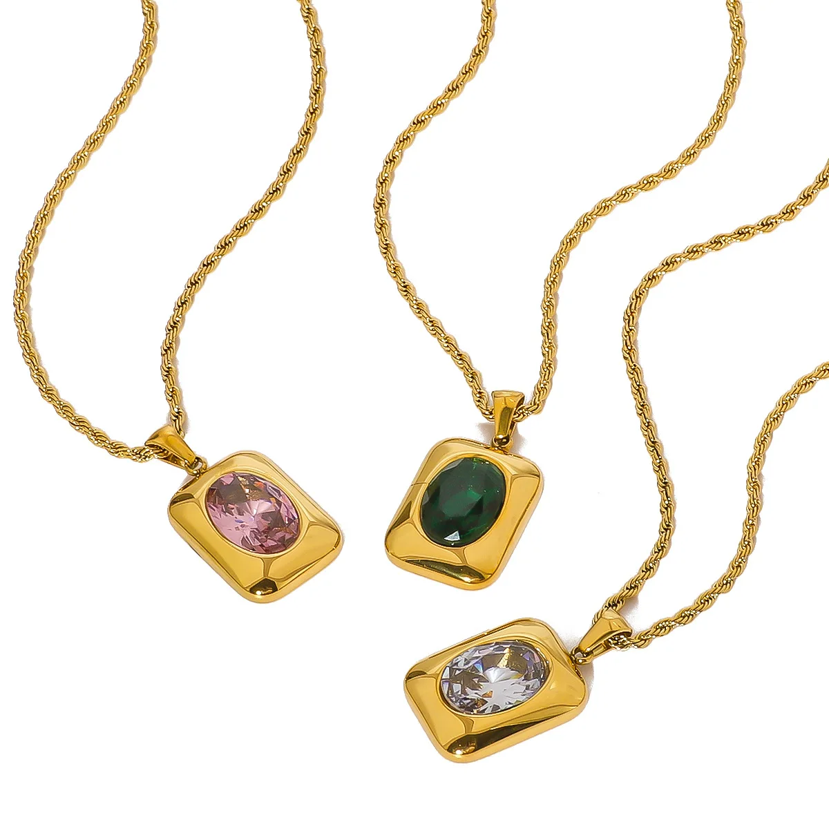 Fashion Gold Color Round Zircon Square Pendant Necklaces Stainless Steel Waterproof Necklace Party Wedding Jewelry for Women