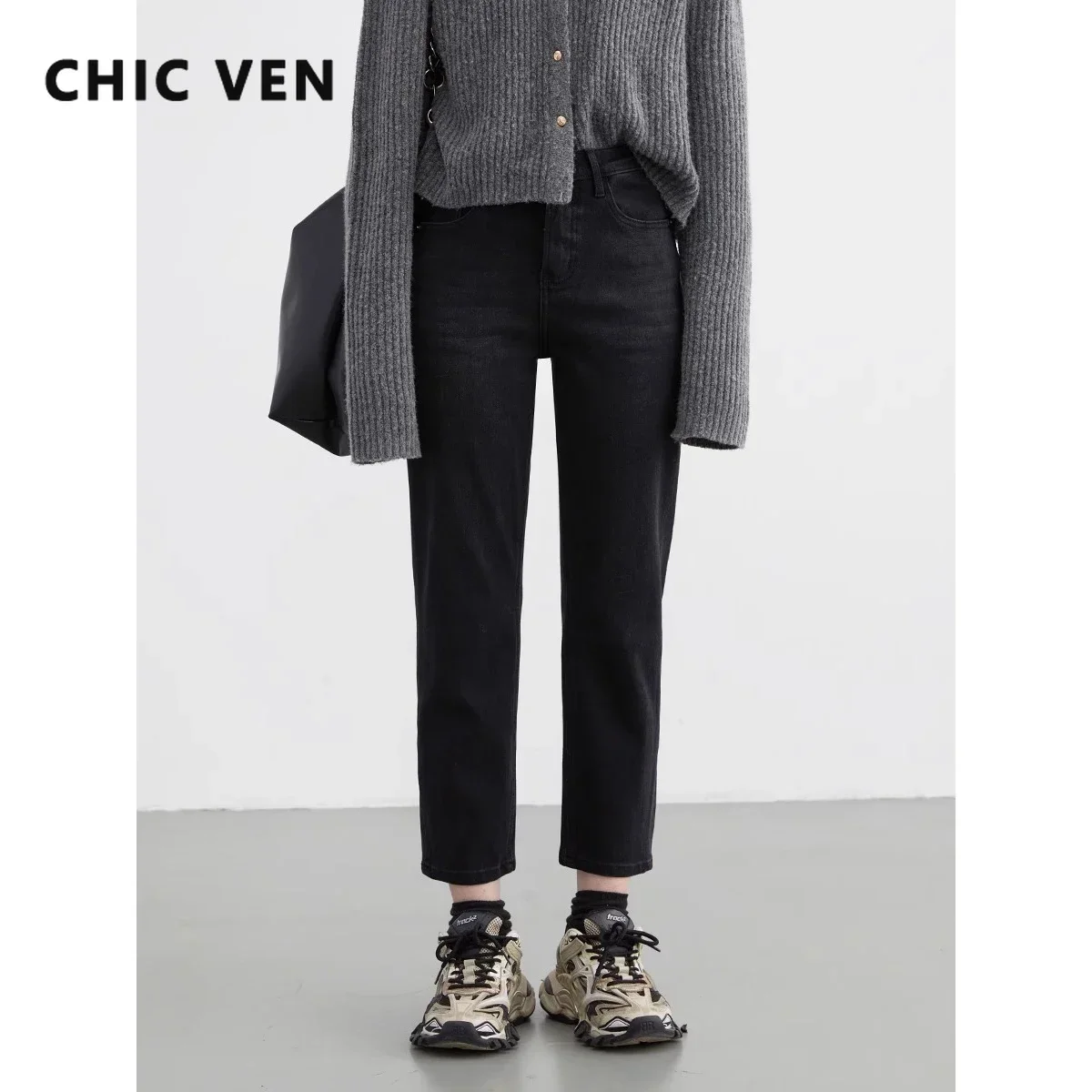 

CHIC VEN New Women Jeans Casual Black High Waist Female Straight Trousers Streetwear Denim Cropped Pant Autumn Winter 2026