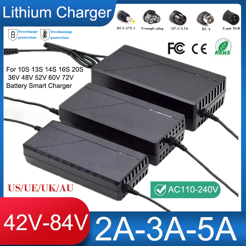 42V 54.6V 58.8V 67.2V 84V 2A 3A 5A Lithium Battery Charger For 10S 13S 14S 16S 20S 36V 48V 52V 60V 72V BatteryPack Fast Charging