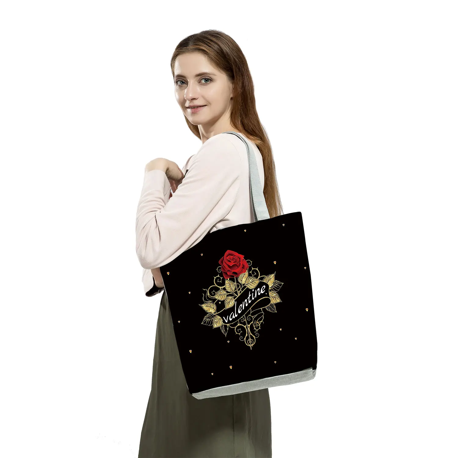 Valentine\'s Day Gift Rose Print Handbags Casual Women Ladies Big Shopping Bags Beach Tote Outdoor Foldable Lady Shoulder Bags