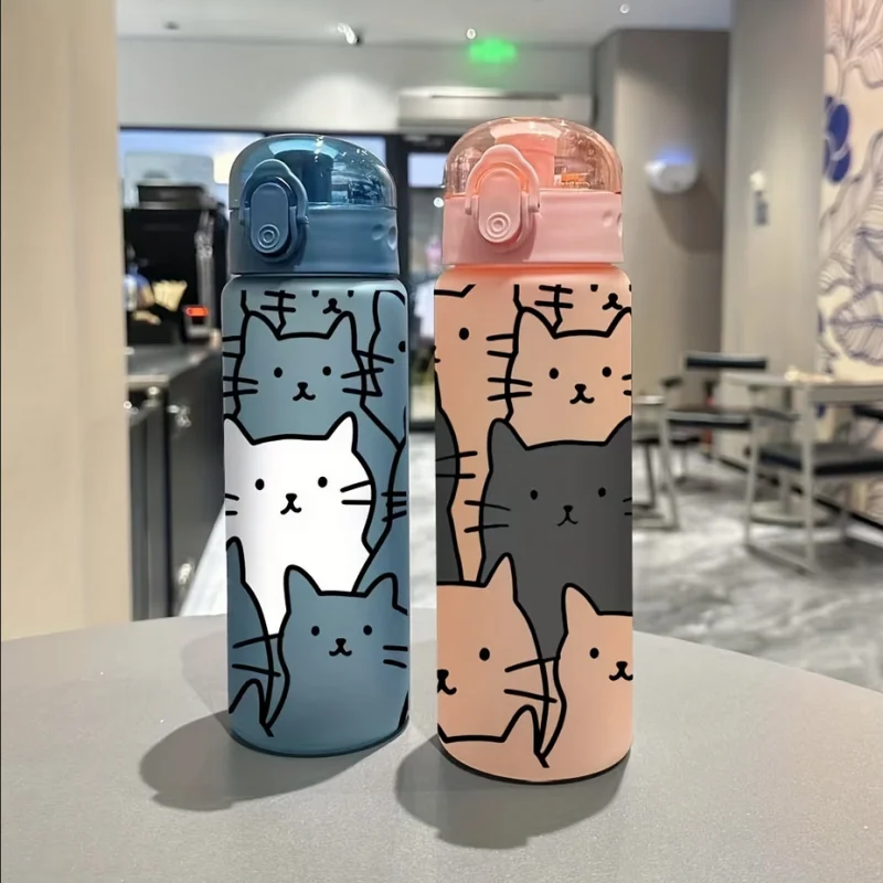 New Cartoon Kitten 3D UV Printed Portable Tumbler Sports Water Bottle High Value Frosted Plastic Cup Outdoor Fitnes Water Bottle