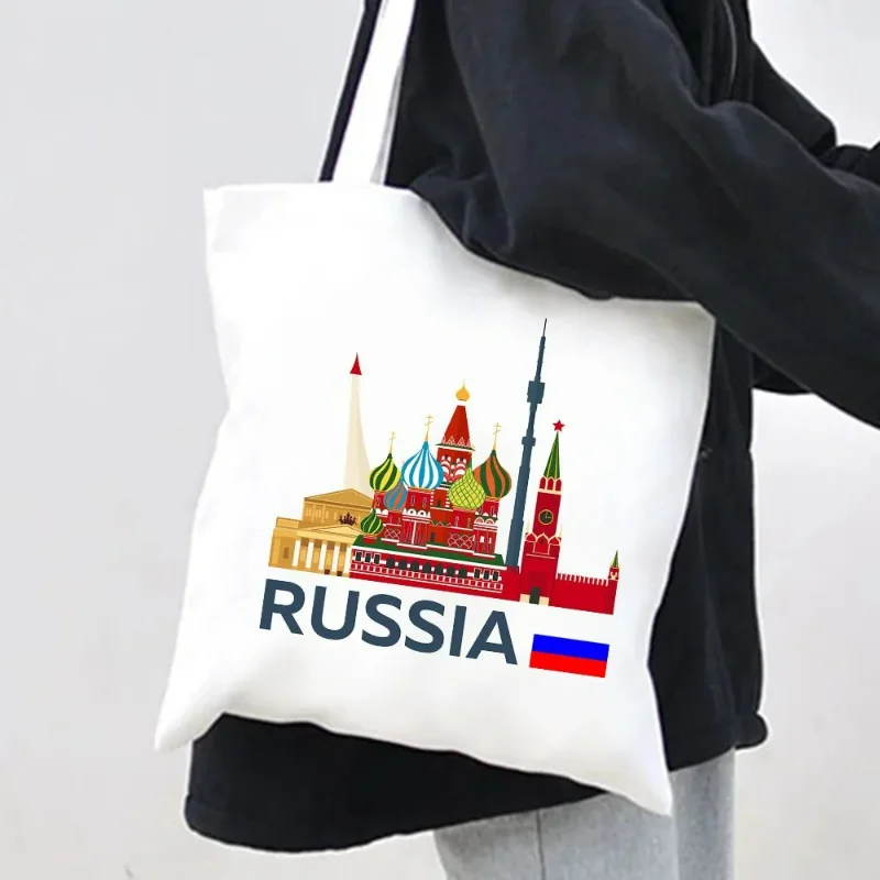 Russian Flag Coat of Arms Moscow Female Canvas Tote Bag Large Capacity Shopper Shoulder Bags Reusable Casual Shopping Handbag