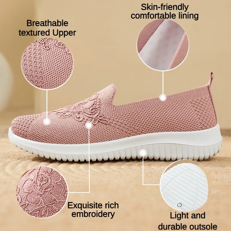 Summer Soft Embroidery Women\'s Flat Shoes Knitted Breathable Shoes Women\'s Chinese Flower Casual Shoes 2023 New shoes for women