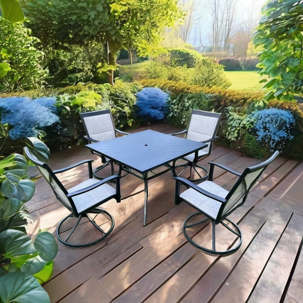 

Outdoor Garden Wholesale Steel Swivel Chair Dining Table Patio Set square Dining Table with 4 Seater Swivel Chair Set
