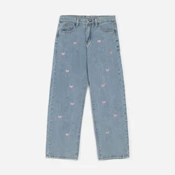 Love Embroidered Blue Wide Leg Jeans Women's Loose Casual Oversized Pants Fashionable New High Waisted Straight Leg Trousers