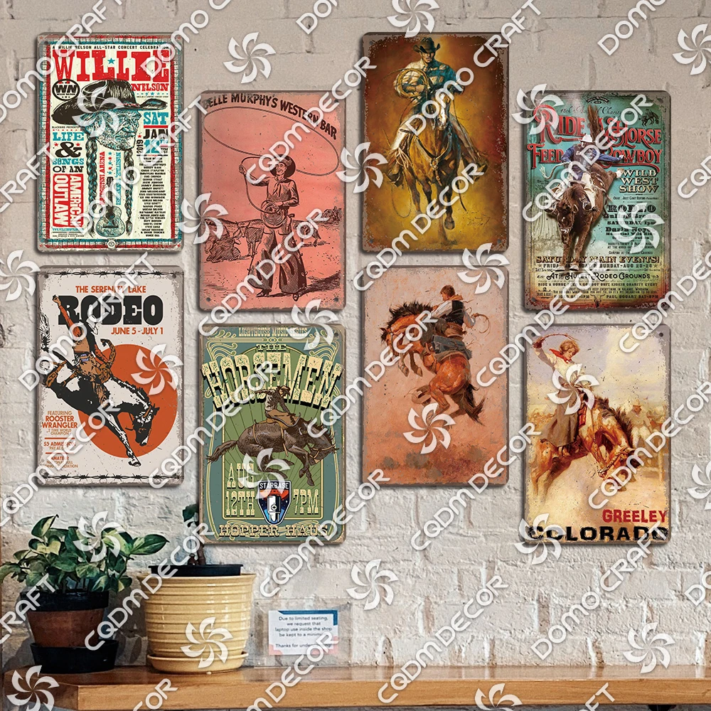 West Cowboy Plates Tin Signs, Vintage Rodeo Metal Poster, Retro Wild West Plaque, Jockey Club, Home Wall Decor
