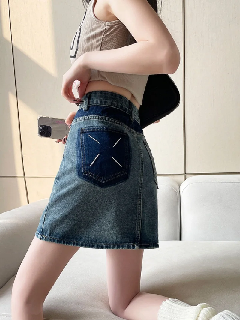 

New Retro Blue High Waist Jeans Skirt Girl Leisure Fashion A-Line Half Length Buttocks Wrapped Denim Short Skirt