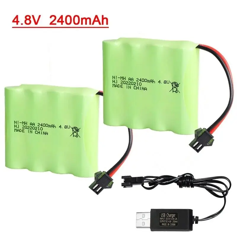 4.8V 2400mAh NI-MH Battery Pack Rechargeable Battery w/ Charge Cable SM 2P Plug for Trucks 1:18, 1:16,1:14,RC Car,RC 4x4 Trucks