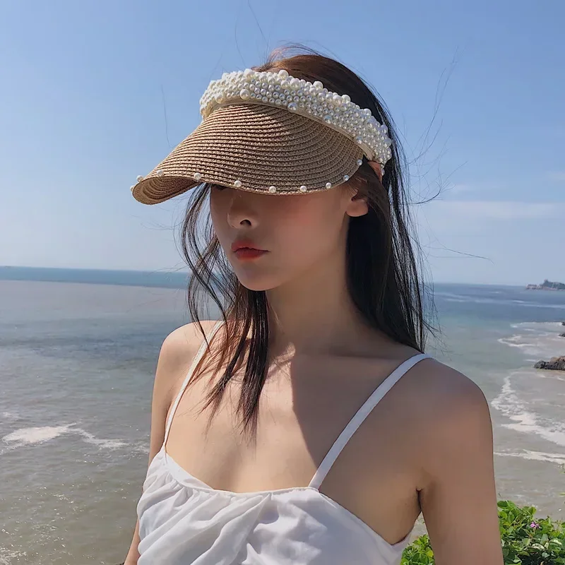 Imitation Pearl Empty Top Straw Hats for Women Casual Summer Beach Visor Caps Wide Large Brim Sun Protection Outdoor Sports Cap