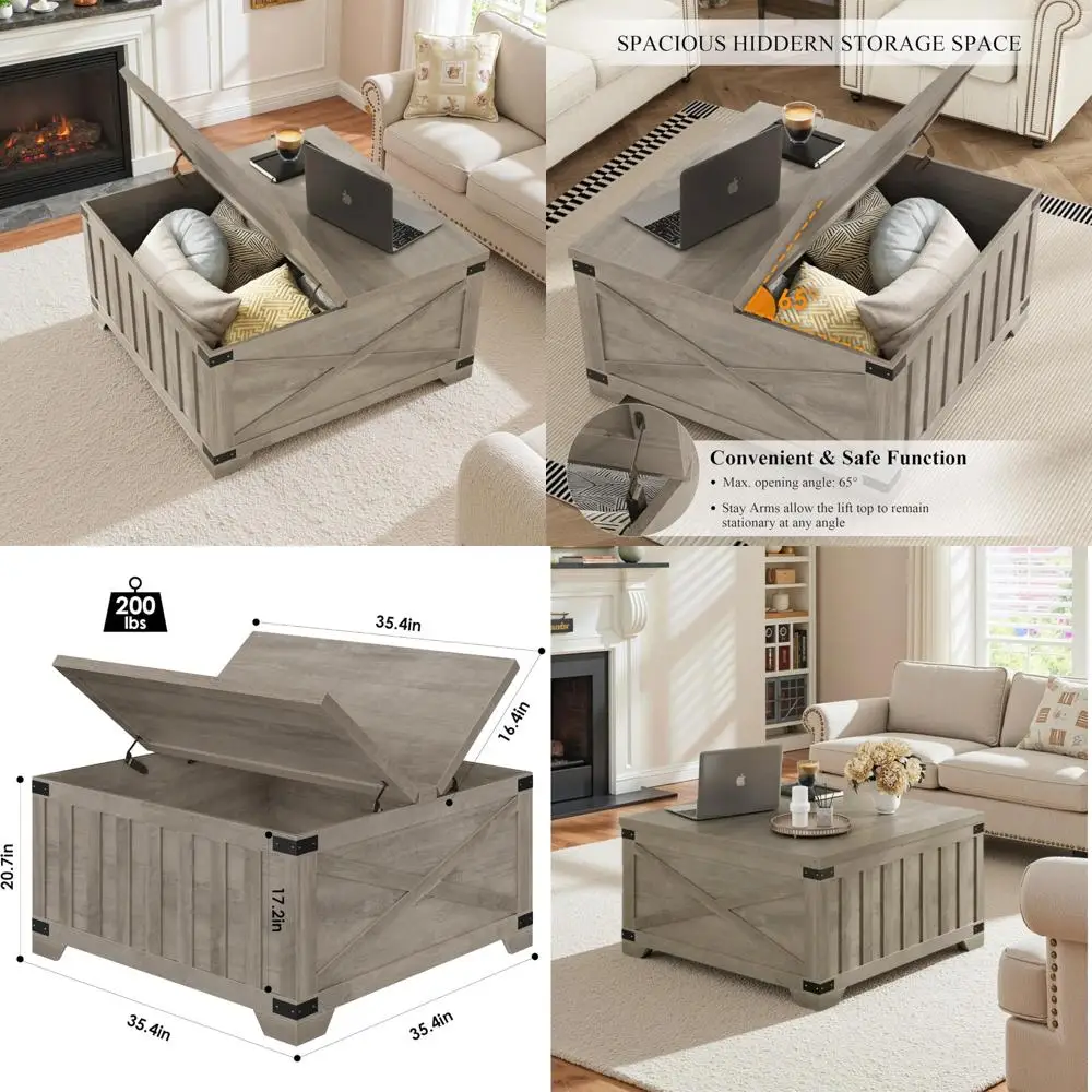 

Vintage Lift-Top Coffee Table with Storage, 35.4 Square Inches, Wooden Center Table for Vintage-Style Living Rooms