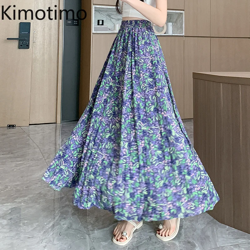 Kimotimo Purple Floral Pleated Long Skirt Women High Waist Large Swing Temperament A Line Skirts French Retro Elegant Clothes