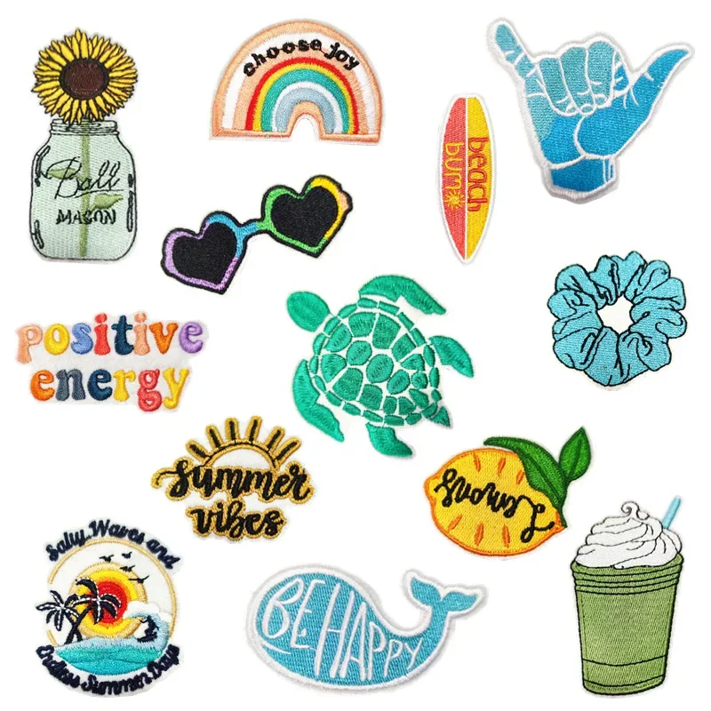 Summer Vibes Embroidery Patches Sunglass Cold Drink Surfboard Iron Ons Cute Cartoon Appliques Sea Turtle Whale Thermo Stickers