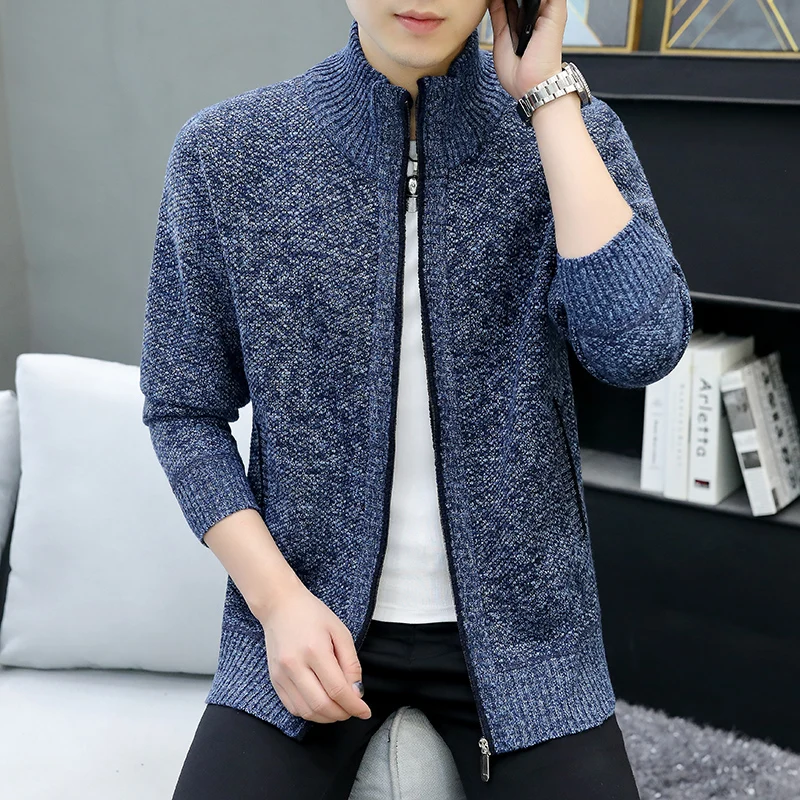 Men\'s Winter Knitted Sweater Pullover Print Korean Fashion Clothes Knitwears Clothing Standing Collar Cardigan Jacket