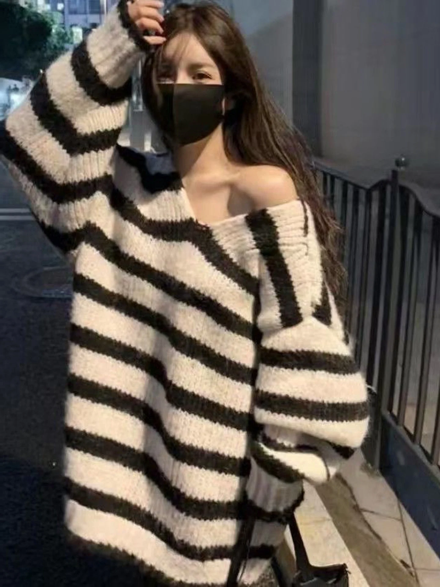 Korean Style Shoulder Bared Long Striped Sweater Women's Loose Knitted Shirt Trendy Lazy Middle Length V Neck  Color
