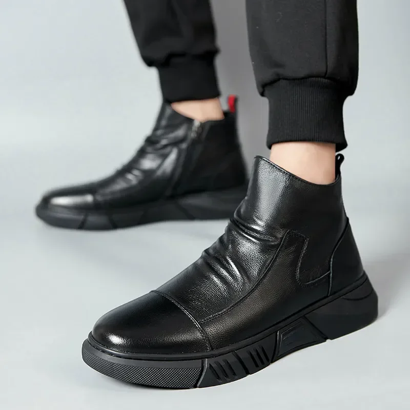 Stivale in pelle moda per uomo Stivale da neve caldo invernale Scarpe di cotone Scarpe alte in pelle casual Scarpe da uomo in stile britannico