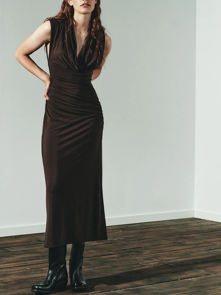 

Faionable Sweet Slim Fit Midi Dr Autumn New Arrival Pleated Long Skirt Sle Deep V Ne Svel Evening Gown for Women