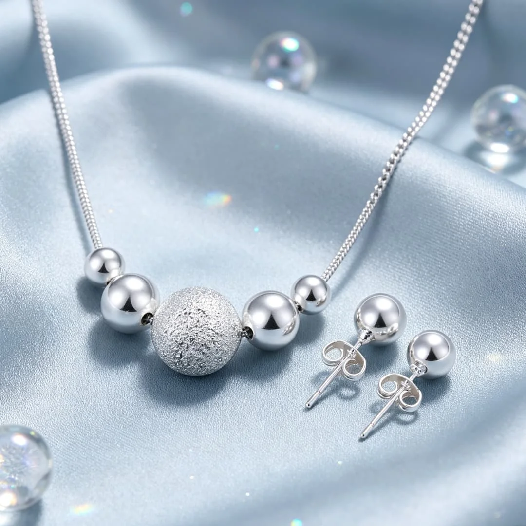 2pcs set 925 Sterling Silver Classy Beads Necklace Earrings for Women Fashion Designer Wedding Jewelry Set