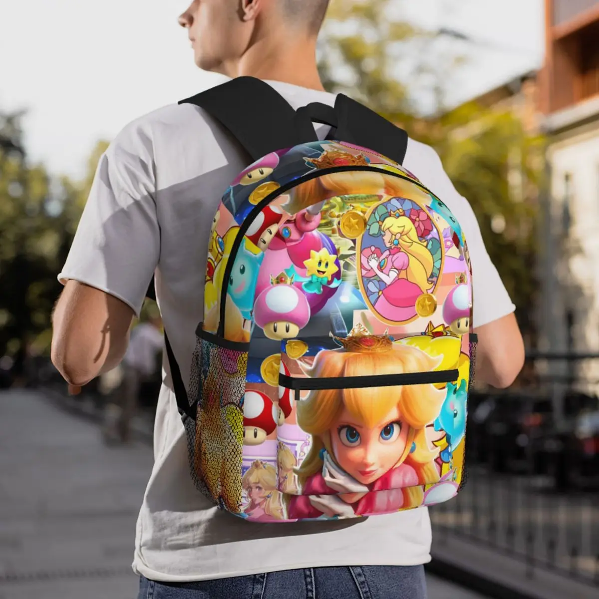 สาวพีชเจ้าหญิงพิมพ์กระเป๋าเป้สะพายหลังนักเรียนโรงเรียนกระเป๋าเดินป่า Daypack สําหรับผู้ชายผู้หญิงแฟชั่น Bookbag ไหล่กระเป๋า