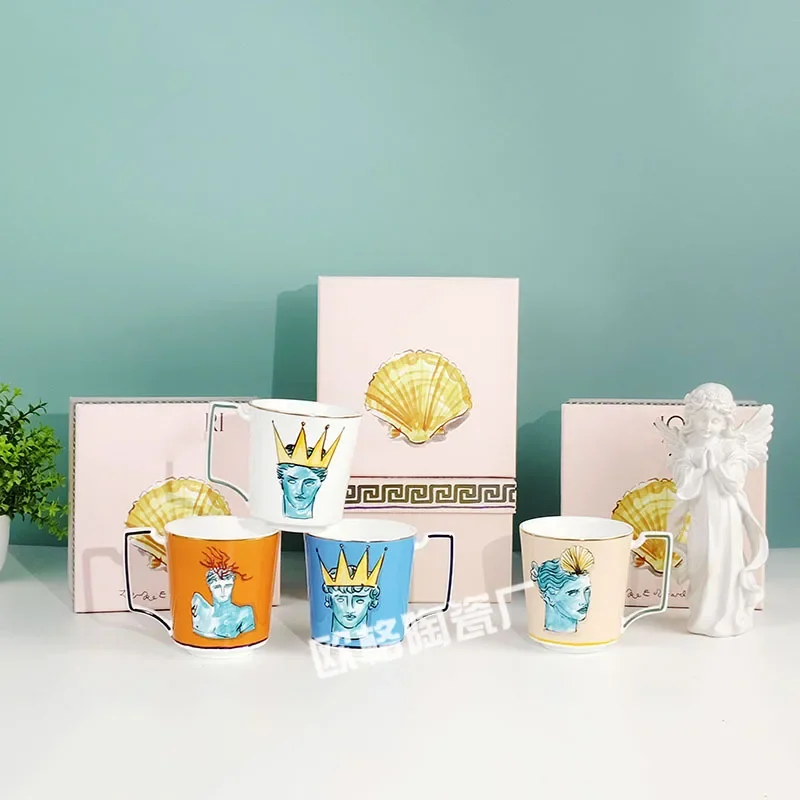 

Famous Fashion European Sea God Journey Series Bone Porcelain Cup Retro Creative Oil Painting Style Coffee Cup Gift Box