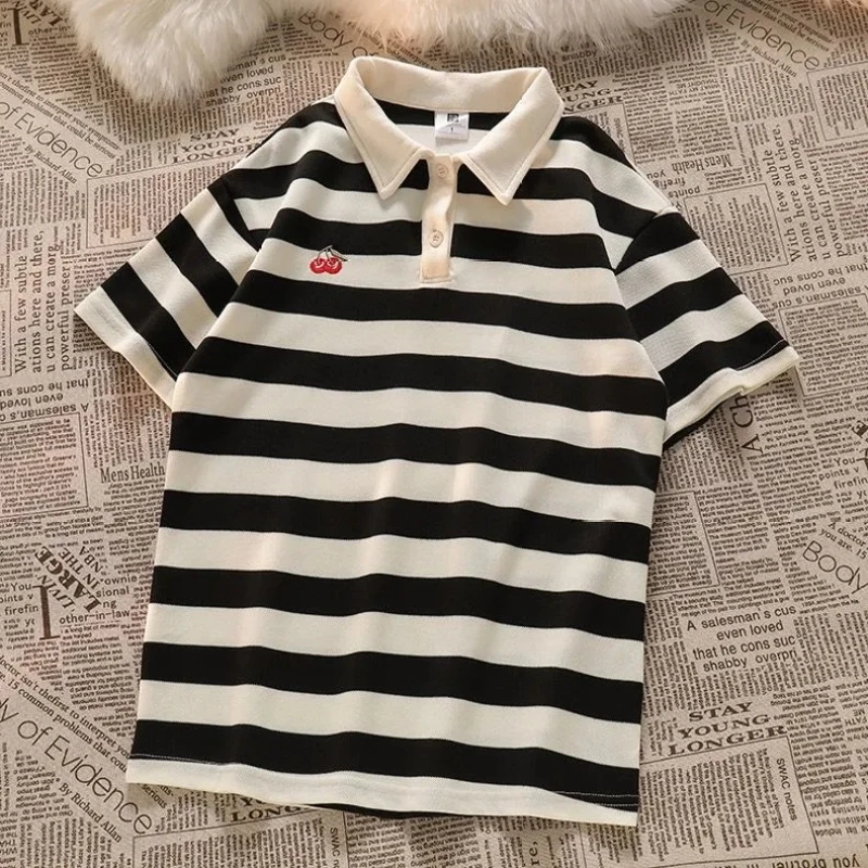 Women Summer Stripe Polo Shirts Short Pants 1 or Two Piece Sets Japan Korean Student Casaul Strawberry Tops Black Jeans Outfits