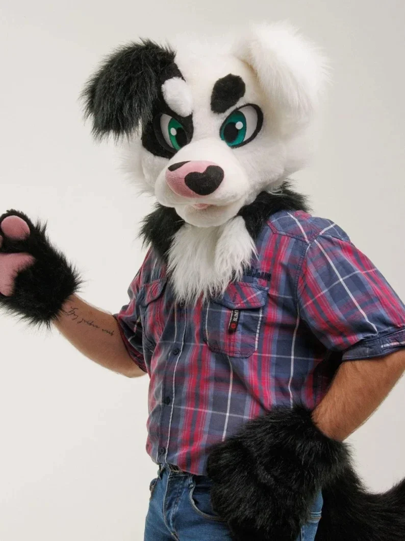Weißer Schwarzer Husky Fursuit Kopf Schwanz Handschuhe Anzug Maskottchen Kostüm Plüsch Erwachsenengröße Cartoon Faschingskostüm für Halloween Weihnachten Party