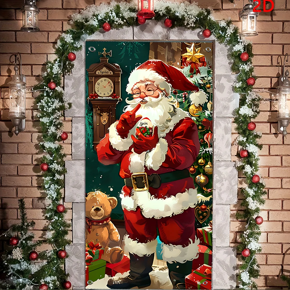 خطة ثنائية الأبعاد، تصميم ستارة باب العطلة الكلاسيكية لسانتا كلوز، أكاليل الزهور الحمراء والخضراء مع إضاءة ملونة