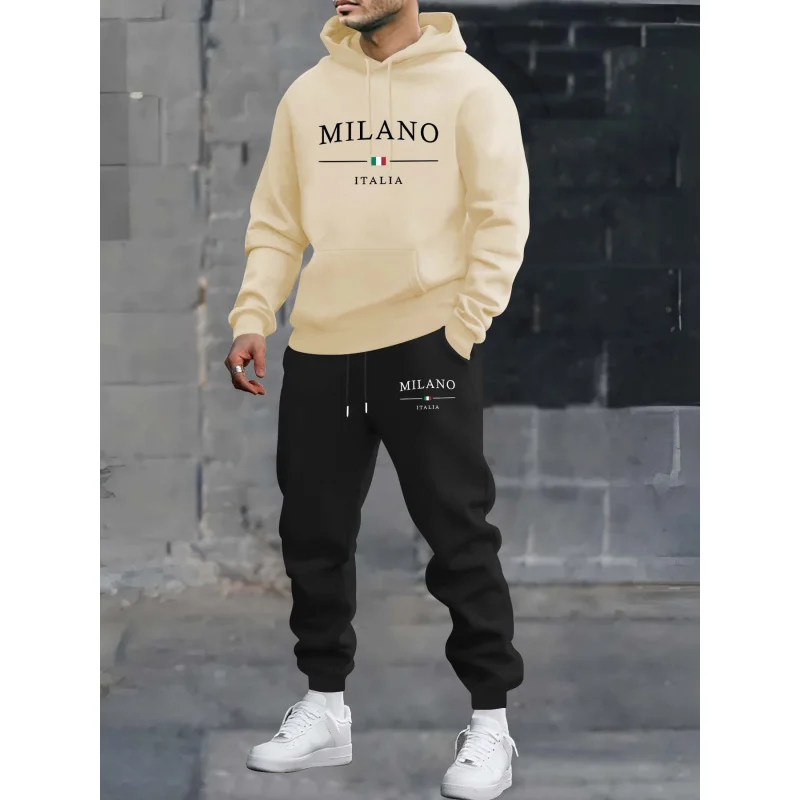 

Milan Print Element Men'S Long-Sleeve Hooded Sweatshirt Two-Piece Set，Casual Sweatshirt Fashion Trend Set