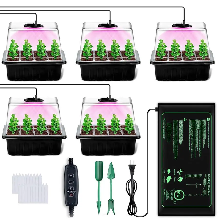 

Seed Starter Tray with Grow Light, 5 Pack Seed Starter Kit with Heat Mat, Seed Tray with Timing Controller Adjustable Brightness