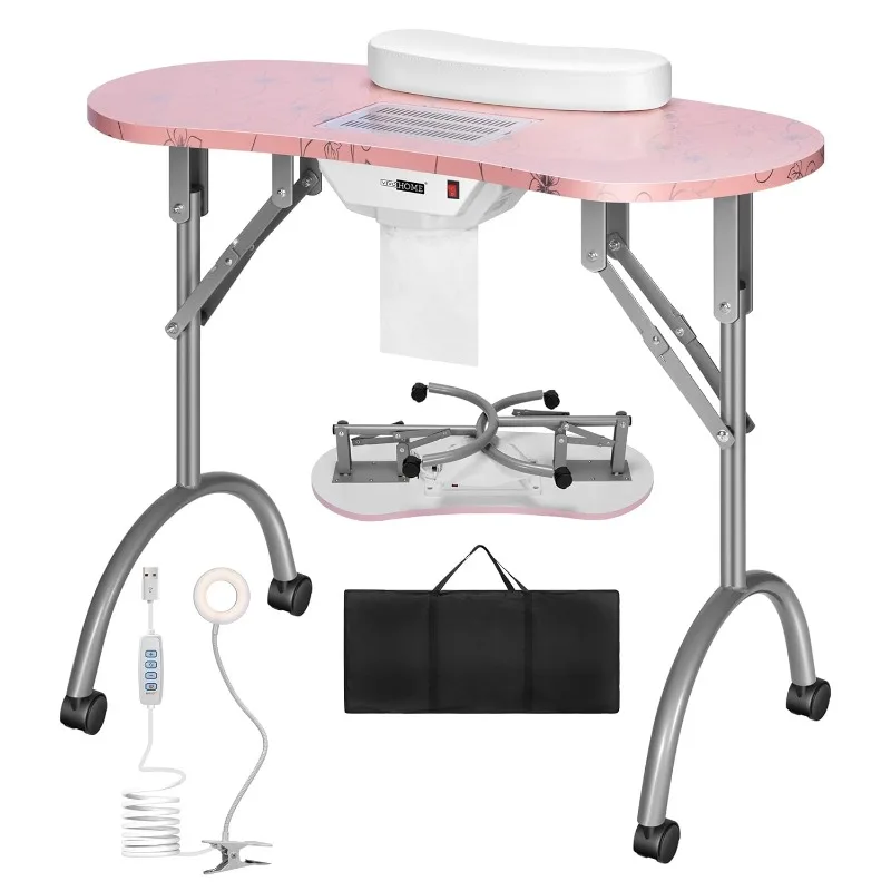 

Portable Manicure Nail Table on Wheels with Built-in Dust Collector, Updated USB-Plug LED Table Lamp, Carry Bag